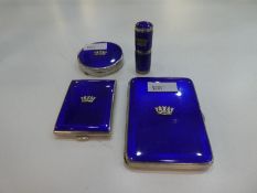 A superb, high quality lot comprising a set of attractive blue enamel and silver items. A guilloche