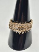 14K yellow gold ring, set with 3 tiered rows graduating round cut diamonds, marked 14K, size O, appr