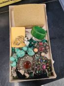 Tray vintage costume jewellery including green hardstone necklaces, Scottish Citrine brooch, filigre