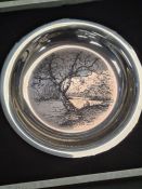 A boxed James Wyeth 'Riding to the Hunt' silver plate, limited edition and having hunting scene on t