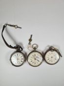 Three silver pocketwatches, one being Swiss with key, one hallmarked Chester 1890 Edward