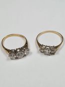 Two 9ct yellow gold dress trilogy rings set with cubic zirconia, size O & R, approx 3.36g, both mark
