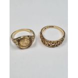 9ct yellow gold band ring with pierced bark design band and together with a small signet ring set wi