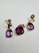 Pair of yellow gold screw on earrings, each set with large octagon cut amethysts, together similar p