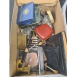 Box mixed collectables including silver collared bottles, pens, thread cases, etc