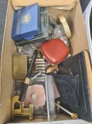 Box mixed collectables including silver collared bottles, pens, thread cases, etc