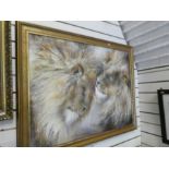 Lynne Davies, a modern oil of two lions titled Brothers, signed, 90cm x 69cm