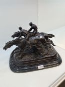After Emile Loiseau, a bronze sculpture of Race horses and Jockeys on Marble base
