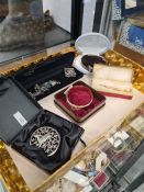 Tray of vintage costume jewellery to include rolled gold bangle, rolled gold tie clip, large circula