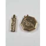 9ct yellow gold pendant in the form of a gold bar and a 9ct front and back locket, approx 8.16g