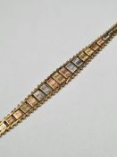 9ct tri-gold bracelet with graduating alternating coloured panels, marked 375, approx 5.48g