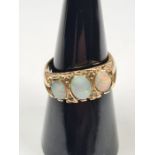 9ct yellow gold dress ring set with 3 opals, separated with small diamond chips, size M, marked 375,
