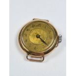 Antique French 18K gold cased watch head with textured numbered dial, case numbered 16942, initialle