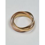 9ct tri coloured gold Russian love trilogy ring, three interlocking baands, marked 375, O/P, maker B