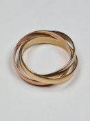 9ct tri coloured gold Russian love trilogy ring, three interlocking baands, marked 375, O/P, maker B