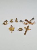 10K yellow gold Vancouver cross 10K gold Maple Leaf cross, 2 pairs of yellow metal earrings, teddy b