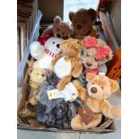 A box of cuddly toys including two Steiff teddies and a Steiff Hippo
