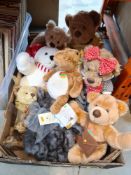 A box of cuddly toys including two Steiff teddies and a Steiff Hippo
