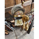 A Brass warming pan, other brassware and sundry