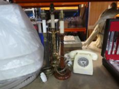 Three odd table lamps overpainted mirrors and a reproduction telephone