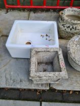 A small Butler's sink and sundry garden pots, etc