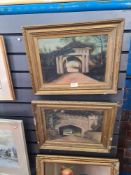 A pair of early 20th century, oils of tunnels by A. Moore dated 1914 and three other pictures