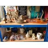 Two shelves of sundry including metalware and small dolls