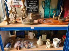 Two shelves of sundry including metalware and small dolls