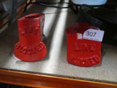 Two vintage cast iron 'Stops' from railway signal box marked "Line Blocked" some marked "S.R." for S
