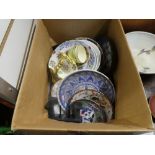 A box of mixed china including Cloisonne and other oriental plates, etc