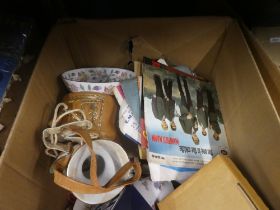 Three boxes of various collectables, including Denby pottery, vintage dolls and a selection of vinyl