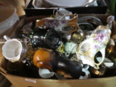 A box of various collectables, including china figures, crested ware, oil lamp, etc