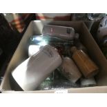 A box of mixed stoneware and glass bottles, etc including some marked Timothy Whites and Taylor's Ch