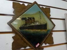 A pair of reverse prints on glass of Cunard liners, Mauritania and Lausitania