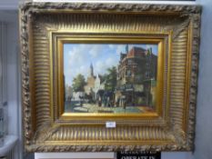 A modern oil by Adrian Norley of 18/18th Century street scene with figures and buildings and one oth