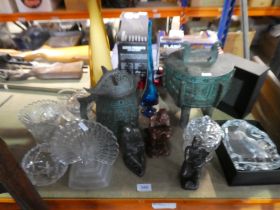 A selection of various collectables including glass vases, wooden figures, etc