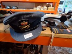 World War II era RAF Officer hat, flying goggles, head phones, etc