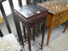 A Chinese hardwood square pot stand having pierced frieze, 91.5cm