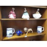 A selection of ceramics including Doulton & Beswick figures, commemorative tankards and a large crys