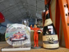 Of racing interest, a bottle of Champagne the label for SAAB Trocken and 3 Ferrari F1 items