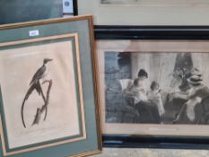An old black and white Pears print titled 'A Bid for Friendship' and an antique print of bird