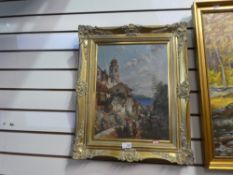 An oil of continental scene, figures and building, and sundry pictures