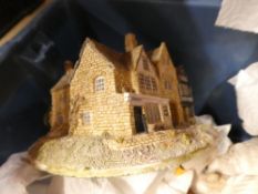 A selection of pictures and prints and miniature houses figures, etc, some being stamped Wade