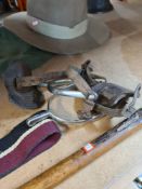A Staple Belt for the 10th Royal Hussars, a pair of stirrups and a spear with bamboo column a leathe