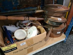 A small quantity of Royal Albert 'Old Country Roses' china, a large copper saucepan and sundry