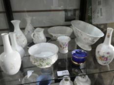Two shelves of mixed china to include Wedgewood Jasper ware and two Royal Worcester trinket boxes