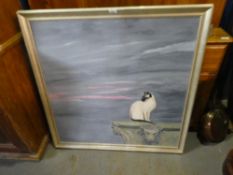 A large oil on canvas of a Siamese cat, in deep contemplation
