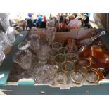 Mixed box of glassware including Brandy tumblers and decanters