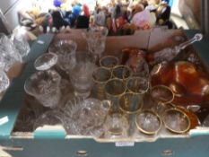 Mixed box of glassware including Brandy tumblers and decanters