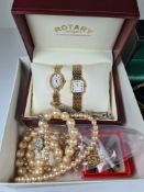 Box of mixed items including boxed Rotary Gent's wristwatch, two ladies Rotary watches, etc